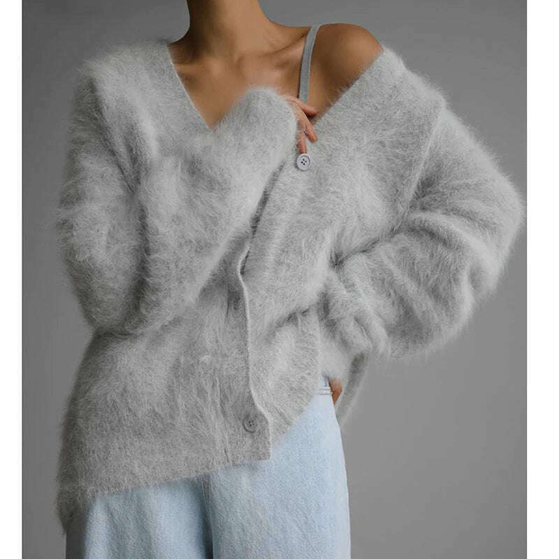 KIMLUD, Imitation Mink Cardigan Women Autumn Long Sleeve V Neck Knitted Sweater Female Elegant Vintage Fashion Single Breasted Knitwears, Light Grey / S, KIMLUD APPAREL - Womens Clothes