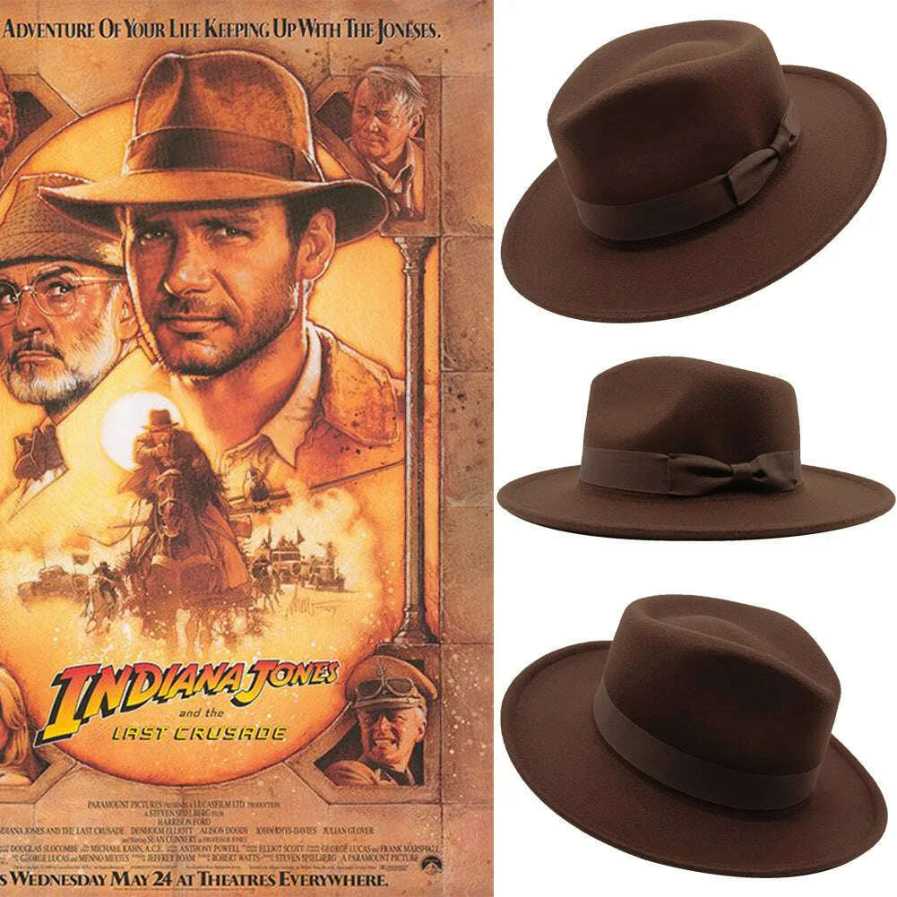 KIMLUD, INDIANA JHONES Fedoras Hats  Men's Vintage Coffee Felt Wide Brim Bucket Hats Man For Men Women Fedora Swanowing, KIMLUD Womens Clothes