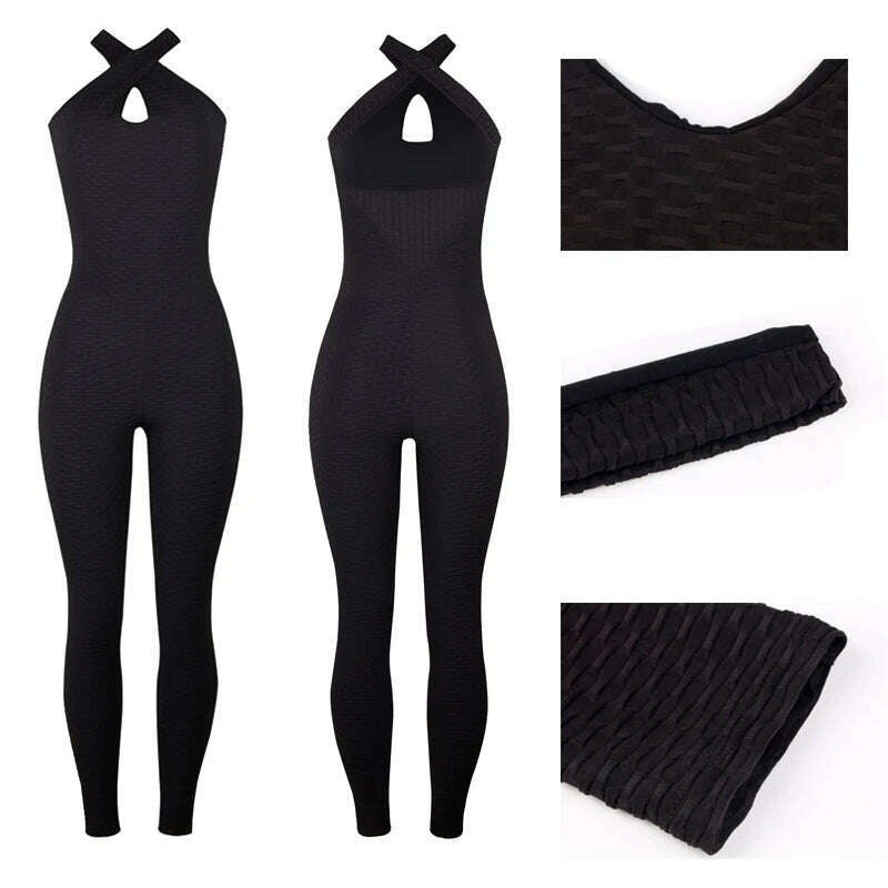 INFILAR Women Bodysuit Female Yoga Sport Sets Sleeveless Backless Sexy High Waist Leggings One Piece Fitness Jumsuits Sportswear - KIMLUD