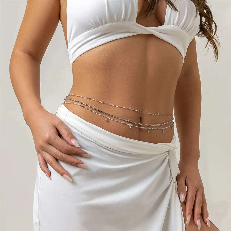 KIMLUD, Ingemark 3Pcs/Set Boho Rhinestone Waist Belly Belt Chain for Women Wed  Summer Bikini Sexy Body Jewelry Festival Y2K Accessories, Silver Color, KIMLUD Womens Clothes