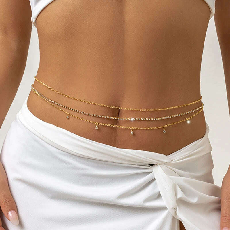 KIMLUD, Ingemark 3Pcs/Set Boho Rhinestone Waist Belly Belt Chain for Women Wed  Summer Bikini Sexy Body Jewelry Festival Y2K Accessories, Gold Color, KIMLUD Womens Clothes