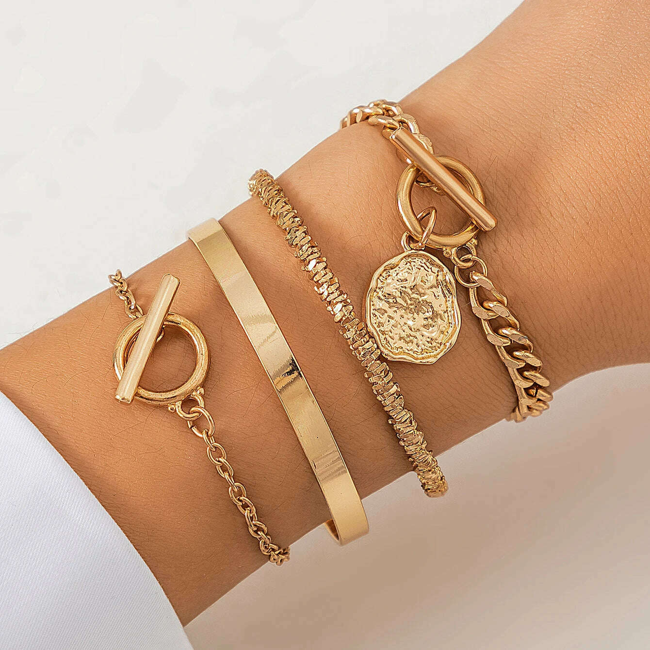 KIMLUD, Ingemark 4Pcs/Set Vintage OT Buckle Coin Pendant Bracelet for Women on Hand Goth Open Charm Bangles Couple Friends Jewelry Gift, Gold Color, KIMLUD APPAREL - Womens Clothes
