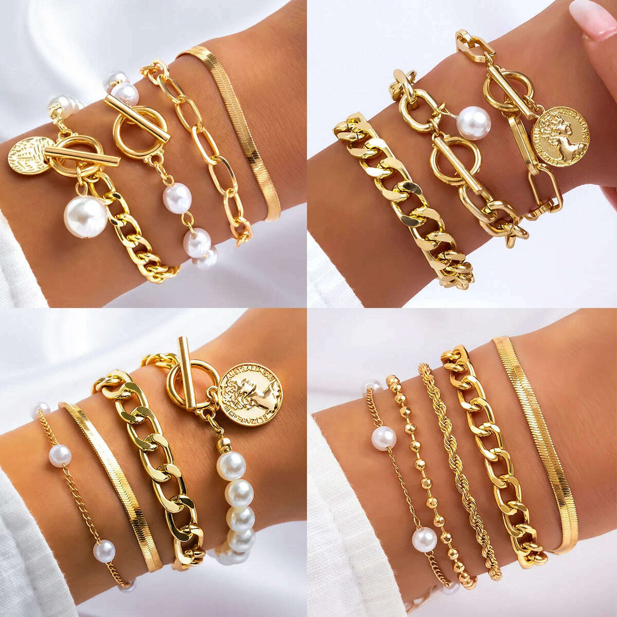 Ingemark Boho Imitation Pearl Chain Coin Pendant Bracelets Set for Women on Hand Vintage Snake Link Bangles Couple Wrist Jewelry - KIMLUD