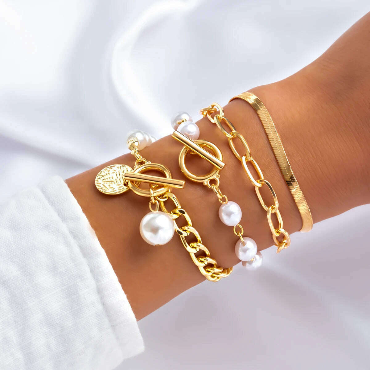 Ingemark Boho Imitation Pearl Chain Coin Pendant Bracelets Set for Women on Hand Vintage Snake Link Bangles Couple Wrist Jewelry - KIMLUD