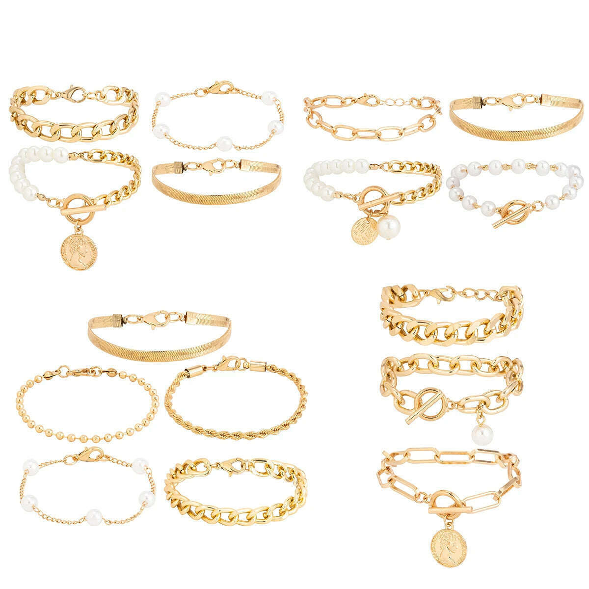 Ingemark Boho Imitation Pearl Chain Coin Pendant Bracelets Set for Women on Hand Vintage Snake Link Bangles Couple Wrist Jewelry - KIMLUD