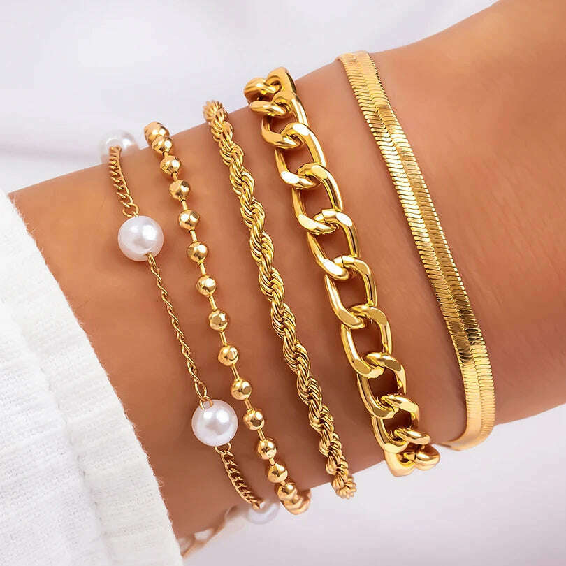 KIMLUD, Ingemark Boho Imitation Pearl Chain Coin Pendant Bracelets Set for Women on Hand Vintage Snake Link Bangles Couple Wrist Jewelry, Gold Color 4, KIMLUD Womens Clothes