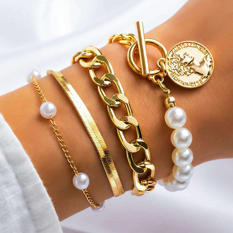 KIMLUD, Ingemark Boho Imitation Pearl Chain Coin Pendant Bracelets Set for Women on Hand Vintage Snake Link Bangles Couple Wrist Jewelry, Gold Color 3, KIMLUD Womens Clothes