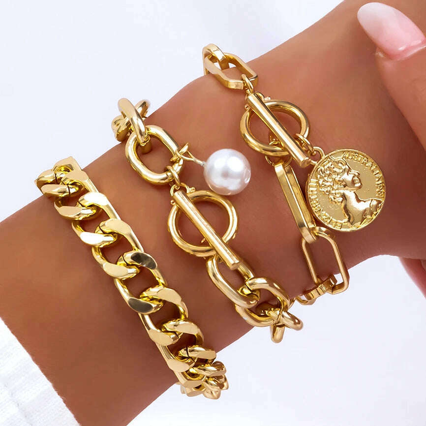 KIMLUD, Ingemark Boho Imitation Pearl Chain Coin Pendant Bracelets Set for Women on Hand Vintage Snake Link Bangles Couple Wrist Jewelry, Gold Color 2, KIMLUD Womens Clothes