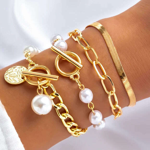 Ingemark Boho Imitation Pearl Chain Coin Pendant Bracelets Set for Women on Hand Vintage Snake Link Bangles Couple Wrist Jewelry - KIMLUD