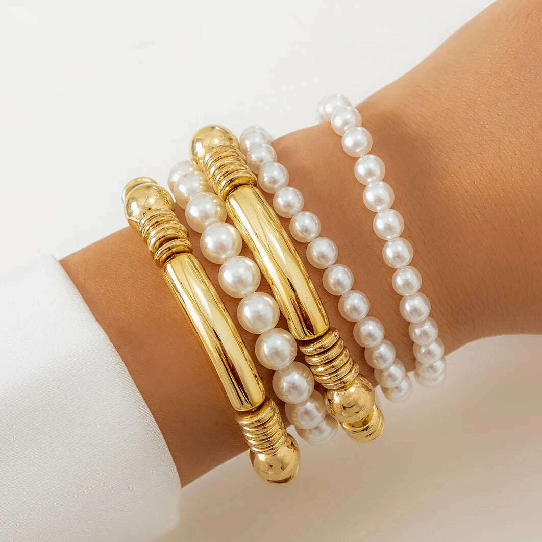 KIMLUD, Ingemark Creative Imitation Pearl Chain Bracelets for Women Trendy Goth Bamboo Elastic Strand Beads Bangles Friends Hand Jewelry, Gold Color, KIMLUD Womens Clothes