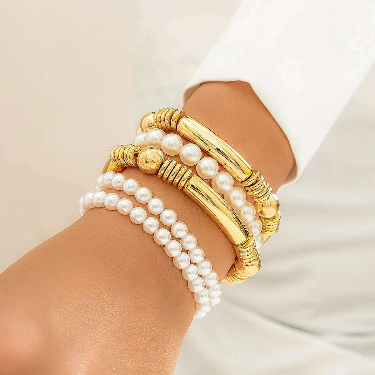 KIMLUD, Ingemark Creative Imitation Pearl Chain Bracelets for Women Trendy Goth Bamboo Elastic Strand Beads Bangles Friends Hand Jewelry, KIMLUD Womens Clothes