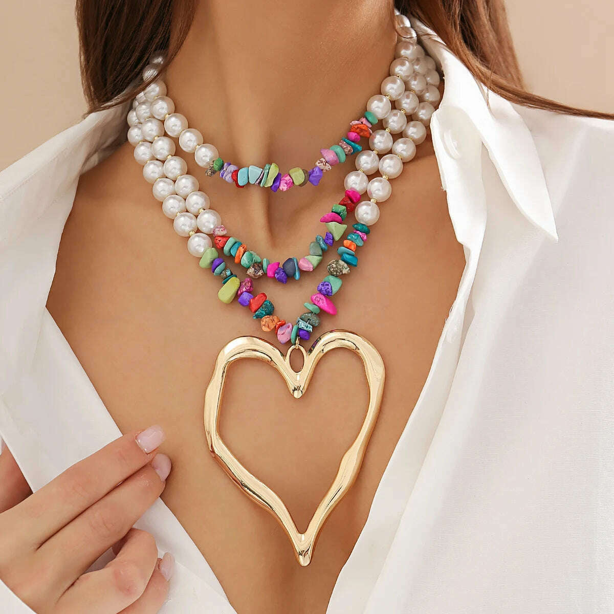 KIMLUD, Ingemark Elegant Big Love Heart Pendant Choker Necklace for Women Multilayer Imitation Pearl Chain Grunge Jewelry Steampunk Gift, KIMLUD Women's Clothes