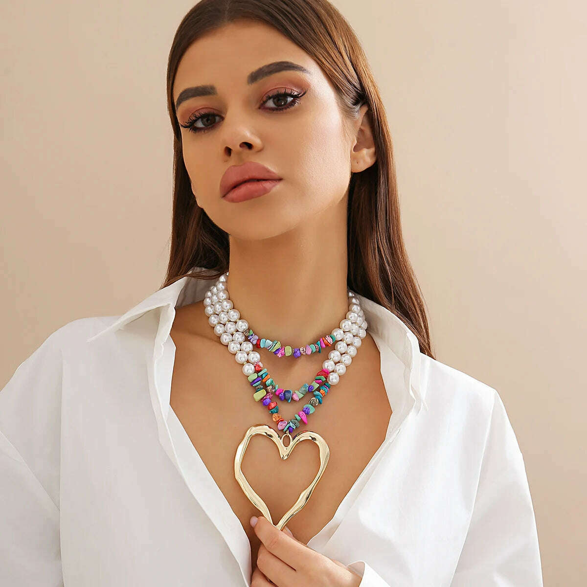 KIMLUD, Ingemark Elegant Big Love Heart Pendant Choker Necklace for Women Multilayer Imitation Pearl Chain Grunge Jewelry Steampunk Gift, KIMLUD Womens Clothes