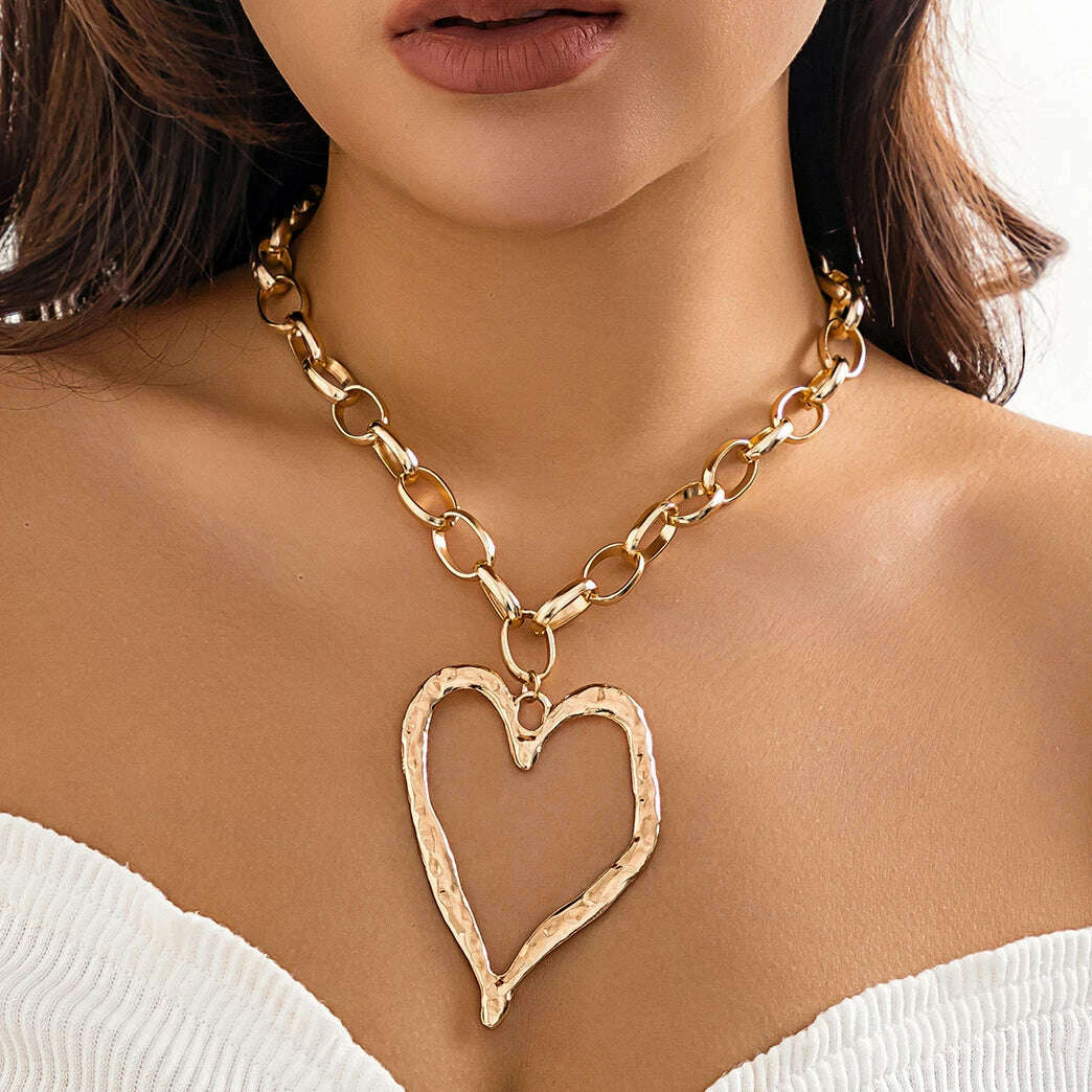 Ingemark Exaggerated Unique Big Love Heart Pendant Choker Necklace for Women Chunky Heavy Chain Grunge Jewelry Steampunk Men New - KIMLUD