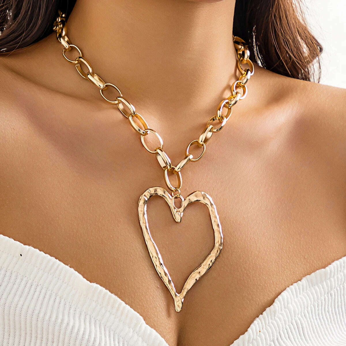 KIMLUD, Ingemark Exaggerated Unique Big Love Heart Pendant Choker Necklace for Women Chunky Heavy Chain Grunge Jewelry Steampunk Men New, Gold Color, KIMLUD Womens Clothes