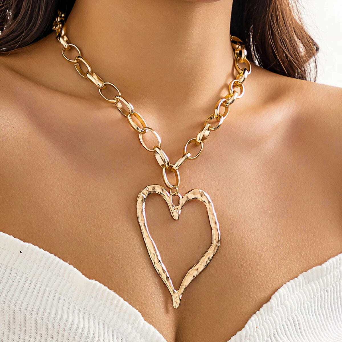 Ingemark Exaggerated Unique Big Love Heart Pendant Choker Necklace for Women Chunky Heavy Chain Grunge Jewelry Steampunk Men New - KIMLUD