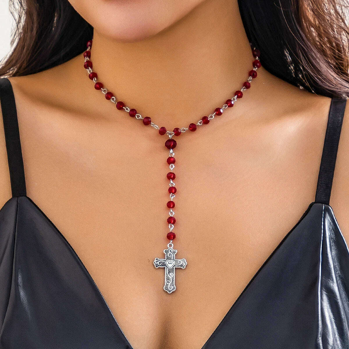 KIMLUD, Ingemark Goth Cross Jesus Pendant Tassel Choker Necklace for Women Trendy Vintage Crystal Beads Chain Y2K Jewelry Accessories, KIMLUD Womens Clothes