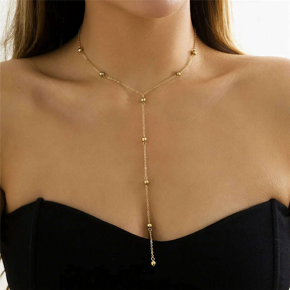 KIMLUD, Ingemark Minimalism 2022 Long Tassel Necklace for Women Girls Vintage Chest Thin Chain Ball Pendant Female Neck Jewelry Gift New, Gold, KIMLUD Women's Clothes
