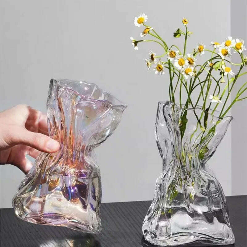 KIMLUD, Ins Creative Glass Vase Fold Paper-like Luxury Flower Vase Home Decoration Irregular Transparent Glass Vase Hydroponic Art, KIMLUD Womens Clothes