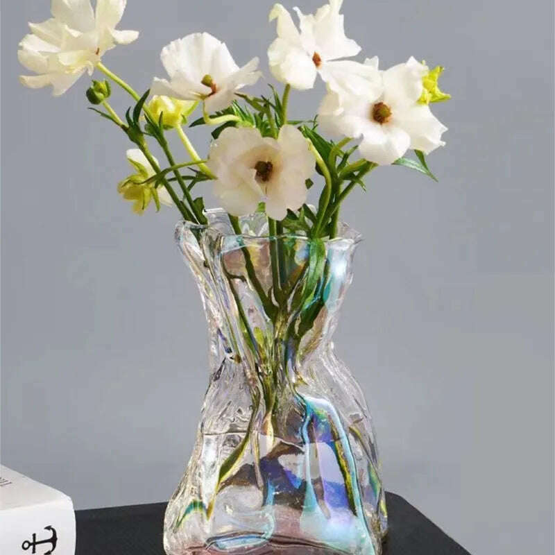 KIMLUD, Ins Creative Glass Vase Fold Paper-like Luxury Flower Vase Home Decoration Irregular Transparent Glass Vase Hydroponic Art, KIMLUD Womens Clothes
