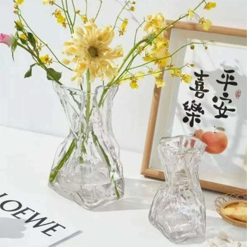 KIMLUD, Ins Creative Glass Vase Fold Paper-like Luxury Flower Vase Home Decoration Irregular Transparent Glass Vase Hydroponic Art, KIMLUD Womens Clothes