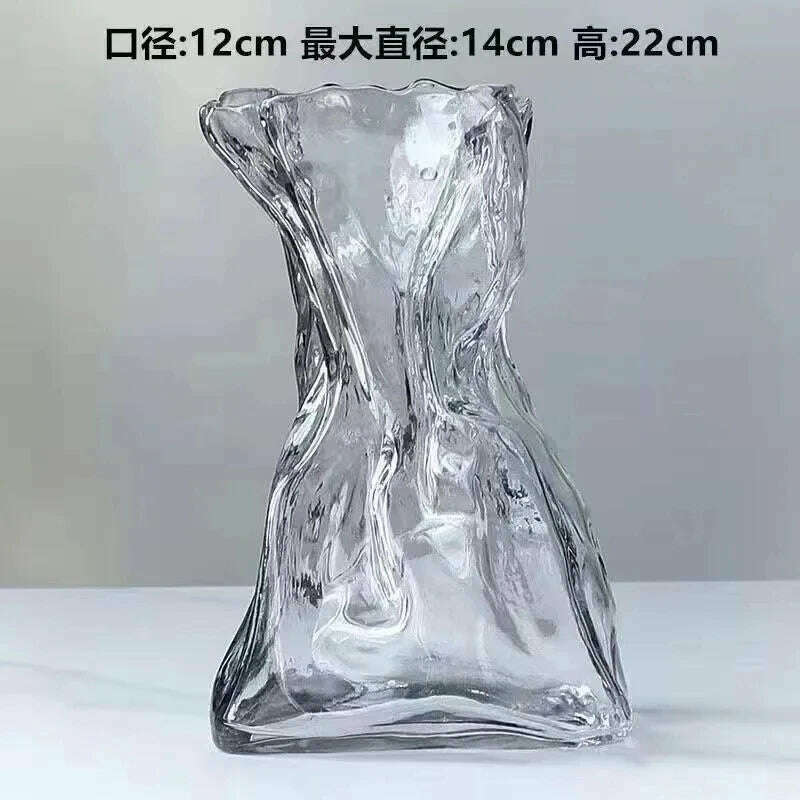 KIMLUD, Ins Creative Glass Vase Fold Paper-like Luxury Flower Vase Home Decoration Irregular Transparent Glass Vase Hydroponic Art, Transparent M, KIMLUD APPAREL - Womens Clothes