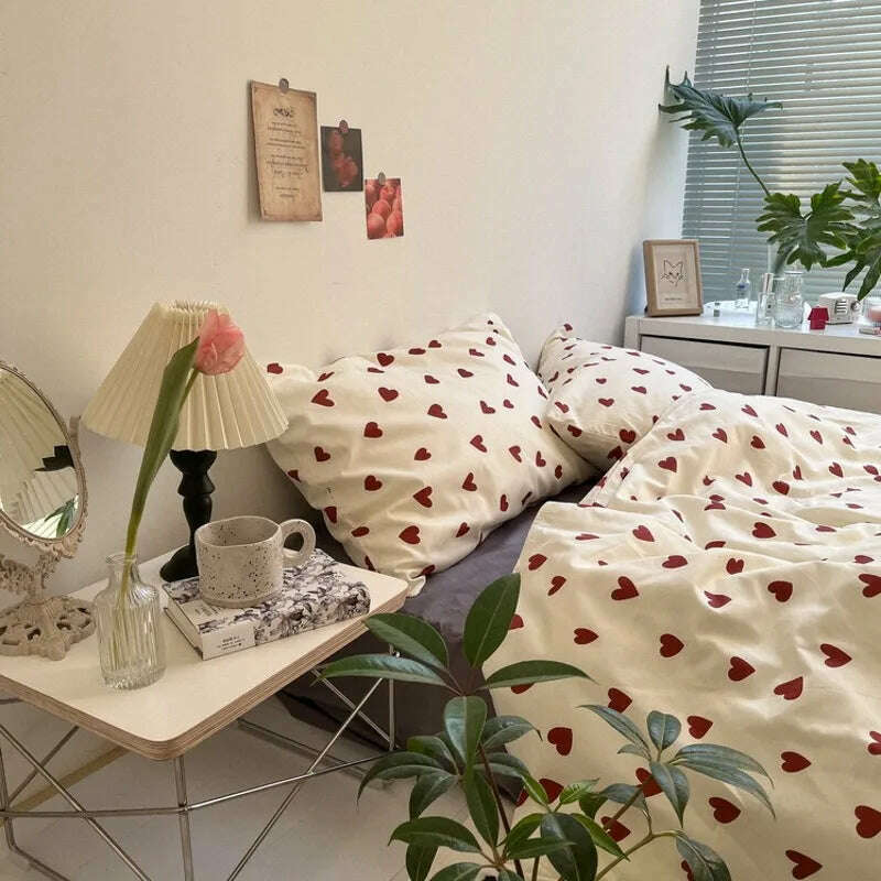 Ins Heart Duvet Cover Set No Filler Flat Sheet Pillowcases Korean Style Floral Single Double Full Size Soft Girl Boys Bed Linens - KIMLUD