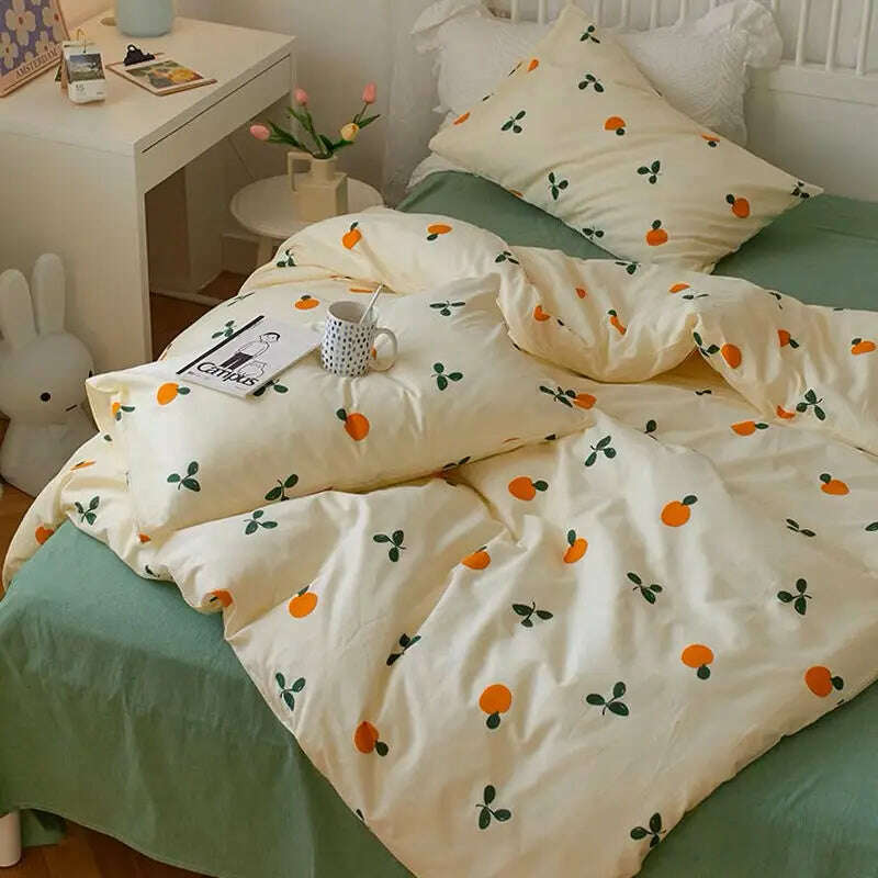 Ins Heart Duvet Cover Set No Filler Flat Sheet Pillowcases Korean Style Floral Single Double Full Size Soft Girl Boys Bed Linens - KIMLUD