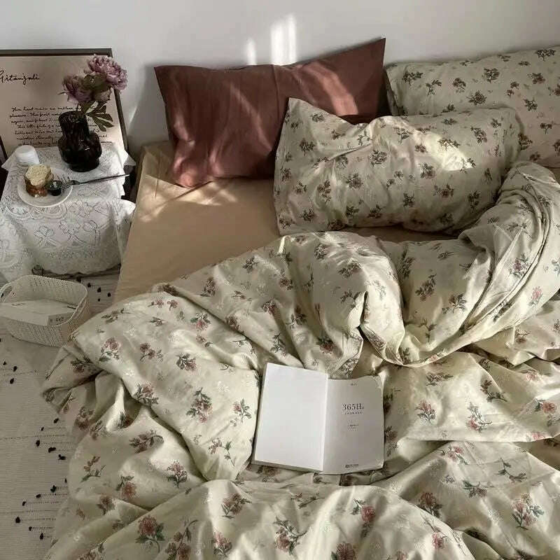 Ins Heart Duvet Cover Set No Filler Flat Sheet Pillowcases Korean Style Floral Single Double Full Size Soft Girl Boys Bed Linens - KIMLUD