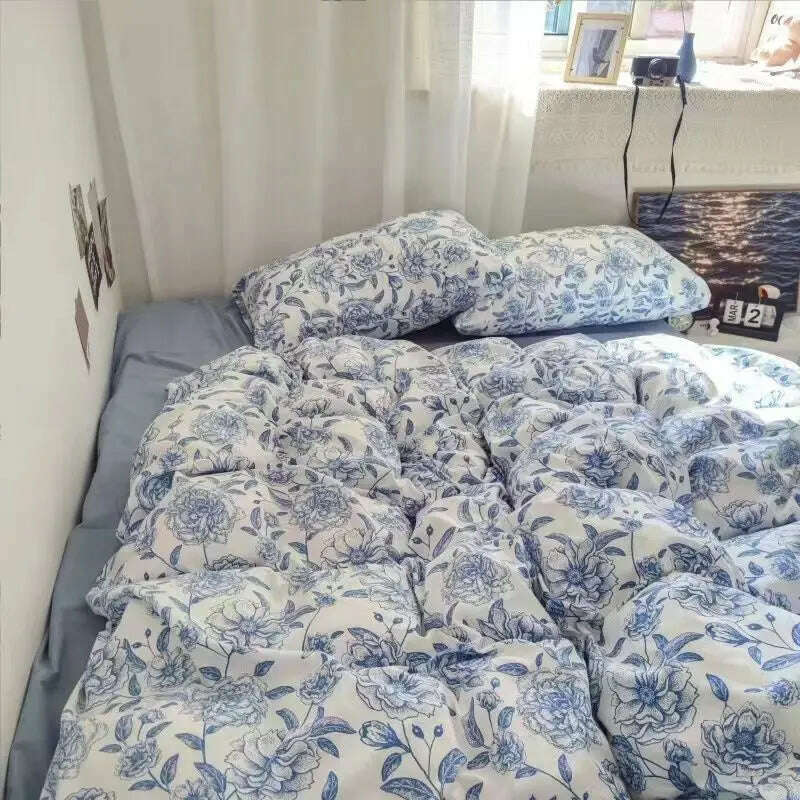 Ins Heart Duvet Cover Set No Filler Flat Sheet Pillowcases Korean Style Floral Single Double Full Size Soft Girl Boys Bed Linens - KIMLUD