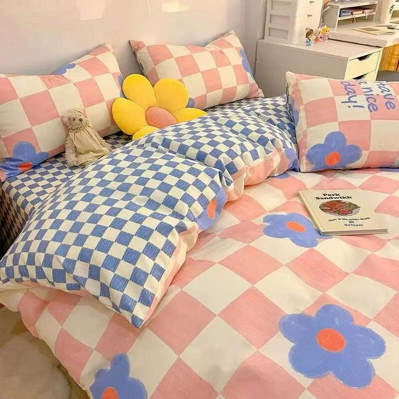 Ins Heart Duvet Cover Set No Filler Flat Sheet Pillowcases Korean Style Floral Single Double Full Size Soft Girl Boys Bed Linens - KIMLUD