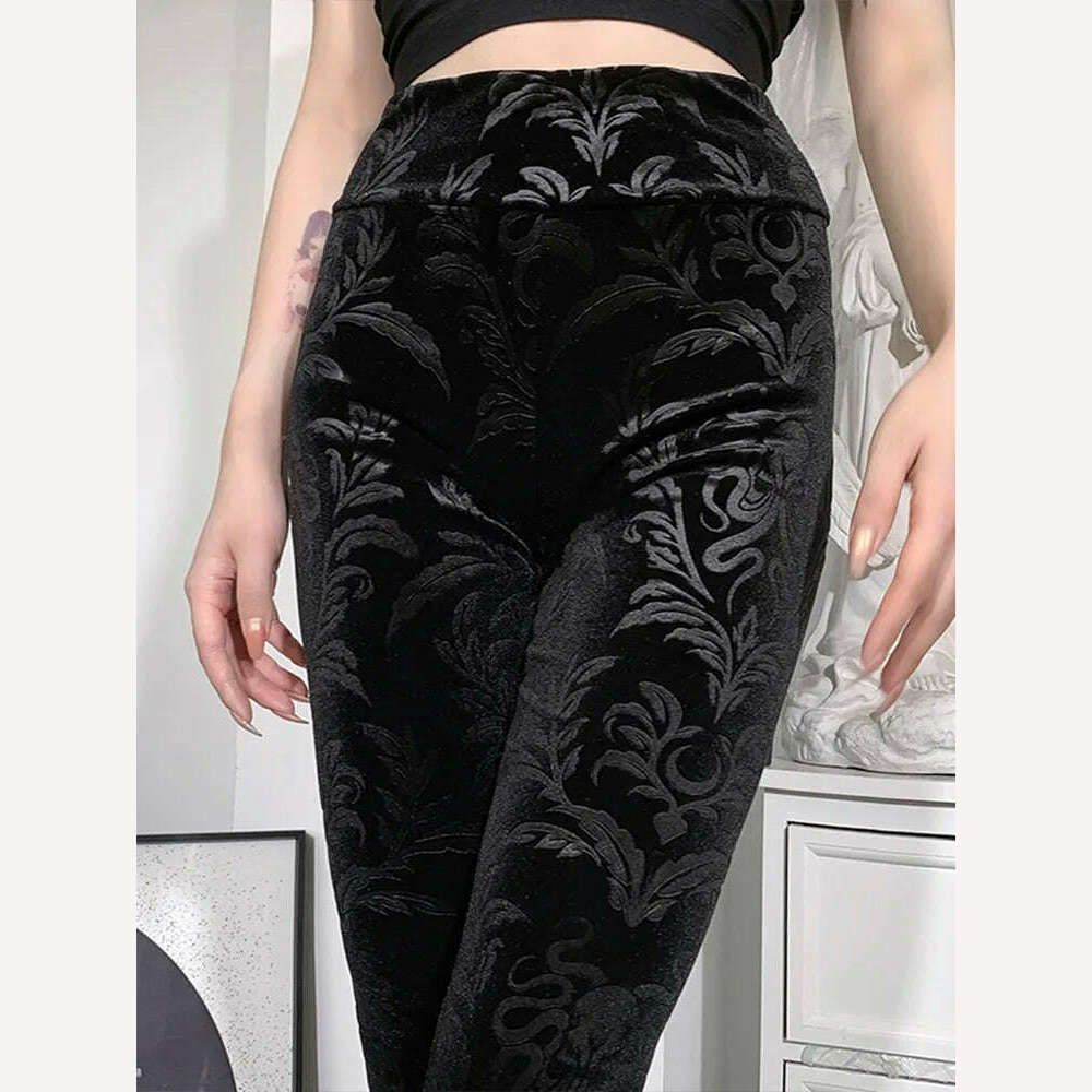KIMLUD, InsDoit Gothic Velvet High Waist Darkness Pants Women Print Streetwear Vintage Aesthetic Skinny Pants Punk Harajuku Pants 2023, Black / S, KIMLUD Women's Clothes