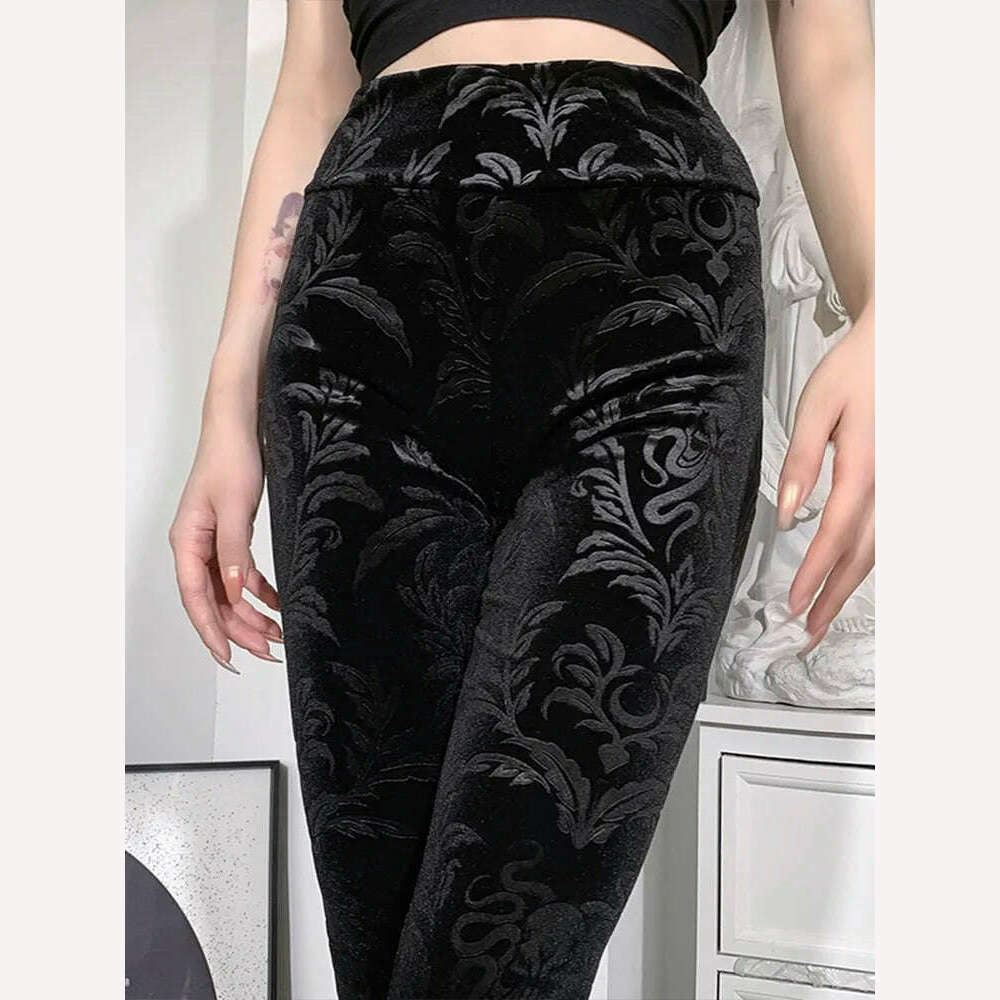KIMLUD, InsDoit Gothic Velvet High Waist Darkness Pants Women Print Streetwear Vintage Aesthetic Skinny Pants Punk Harajuku Pants 2023, Black / S, KIMLUD APPAREL - Womens Clothes