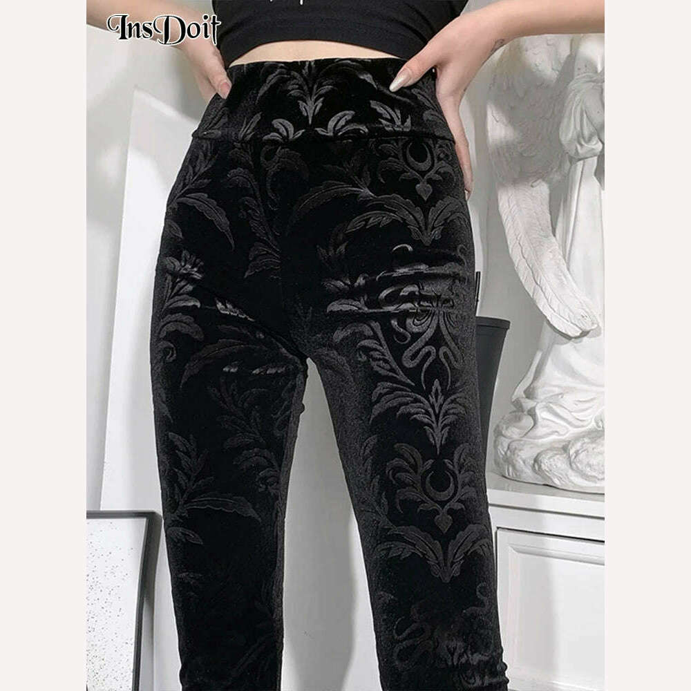 KIMLUD, InsDoit Gothic Velvet High Waist Darkness Pants Women Print Streetwear Vintage Aesthetic Skinny Pants Punk Harajuku Pants 2023, KIMLUD Womens Clothes