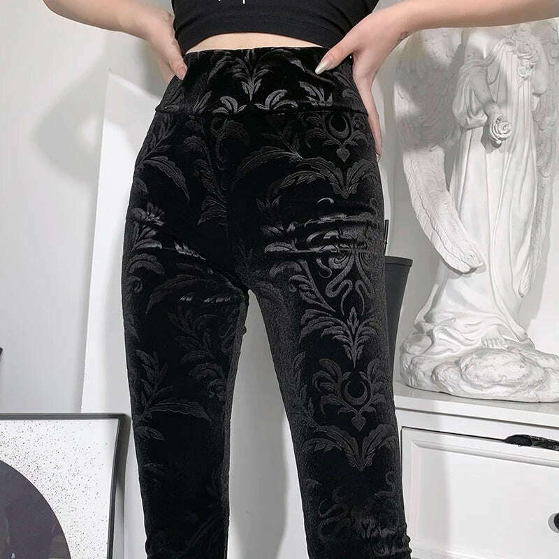 KIMLUD, InsDoit Gothic Velvet High Waist Darkness Pants Women Print Streetwear Vintage Aesthetic Skinny Pants Punk Harajuku Pants 2023, KIMLUD Womens Clothes