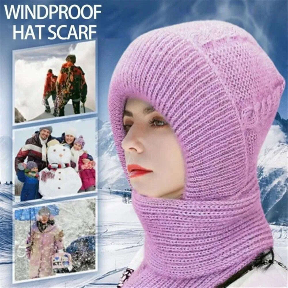 KIMLUD, Integrated Cap Scarf Ear Protection Windproof Cap Scarf Knitting Thicken Thermal Hat Winter Beanie Hat Scarf Neck Warmer Casual, KIMLUD Womens Clothes