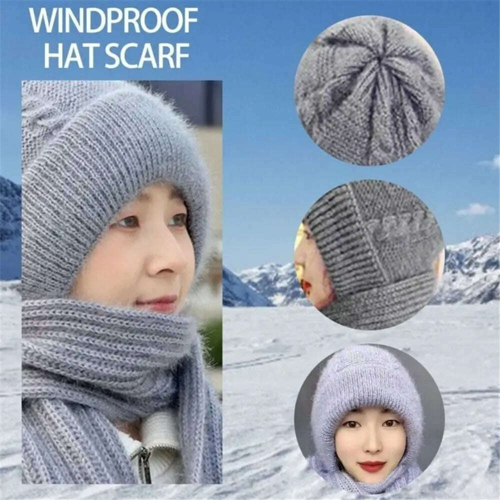 Integrated Cap Scarf Ear Protection Windproof Cap Scarf Knitting Thicken Thermal Hat Winter Beanie Hat Scarf Neck Warmer Casual, KIMLUD Women's Clothes