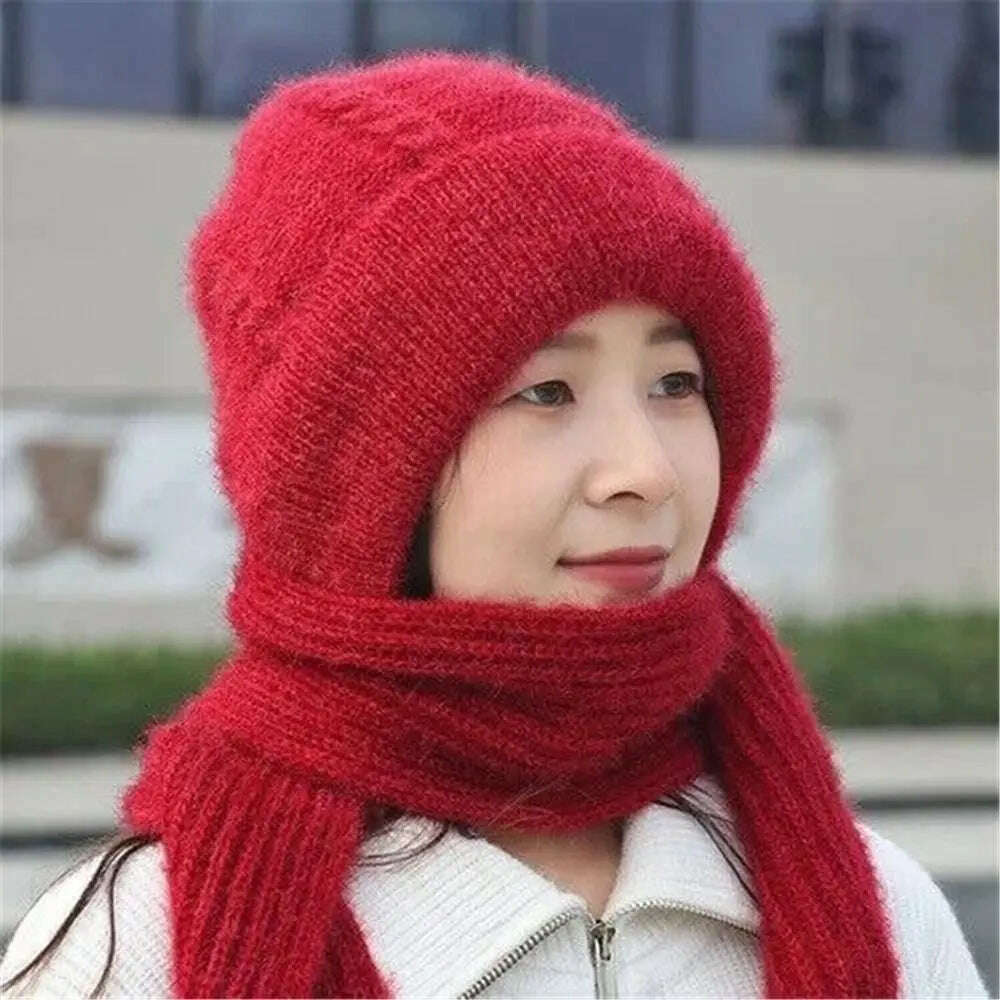 Integrated Cap Scarf Ear Protection Windproof Cap Scarf Knitting Thicken Thermal Hat Winter Beanie Hat Scarf Neck Warmer Casual, KIMLUD Women's Clothes