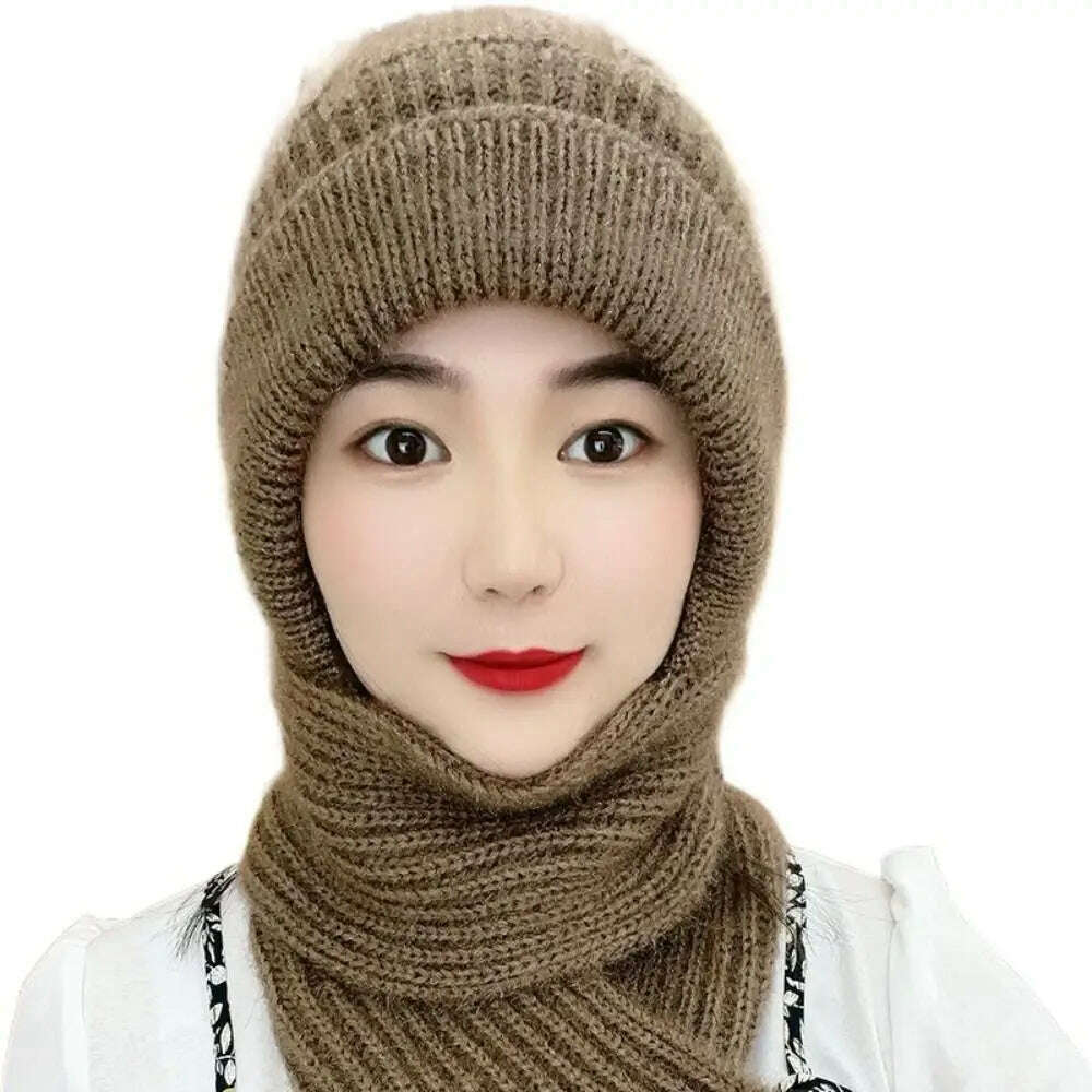 Integrated Cap Scarf Ear Protection Windproof Cap Scarf Knitting Thicken Thermal Hat Winter Beanie Hat Scarf Neck Warmer Casual, Khaki, KIMLUD Women's Clothes
