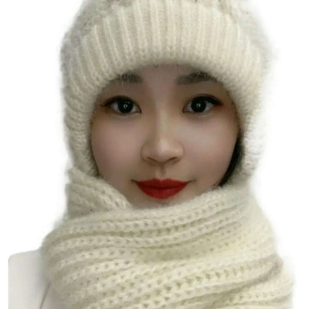 Integrated Cap Scarf Ear Protection Windproof Cap Scarf Knitting Thicken Thermal Hat Winter Beanie Hat Scarf Neck Warmer Casual, Beige, KIMLUD Women's Clothes