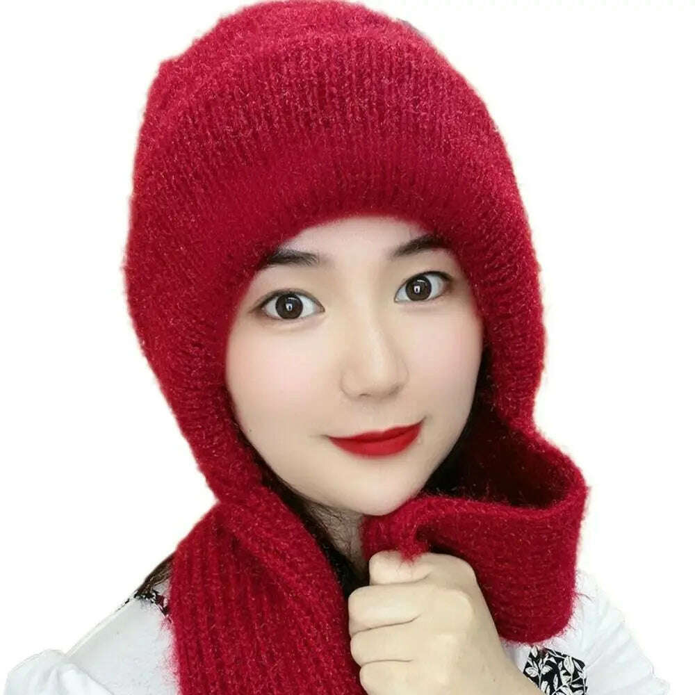 Integrated Cap Scarf Ear Protection Windproof Cap Scarf Knitting Thicken Thermal Hat Winter Beanie Hat Scarf Neck Warmer Casual, Wine red, KIMLUD Women's Clothes