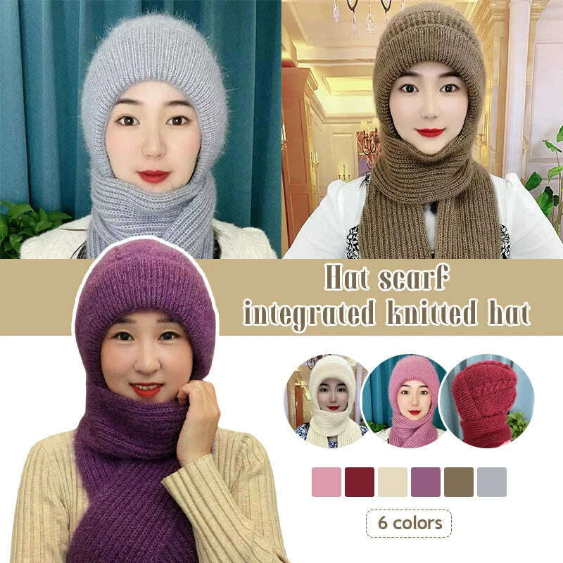 KIMLUD, Integrated Ear Protection Windproof Cap Scarf Knitting Thick Warm Ear Guard Hat Winter Siamese Windproof Hat Scarf Set, KIMLUD Womens Clothes