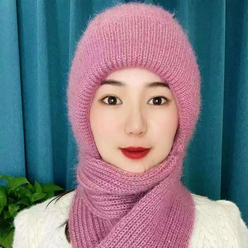 Integrated Ear Protection Windproof Cap Scarf Knitting Thick Warm Ear Guard Hat Winter Siamese Windproof Hat Scarf Set, pink, KIMLUD Women's Clothes