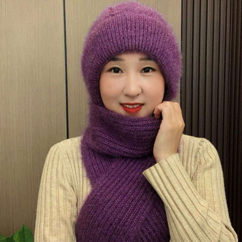 Integrated Ear Protection Windproof Cap Scarf Knitting Thick Warm Ear Guard Hat Winter Siamese Windproof Hat Scarf Set, purple, KIMLUD Women's Clothes