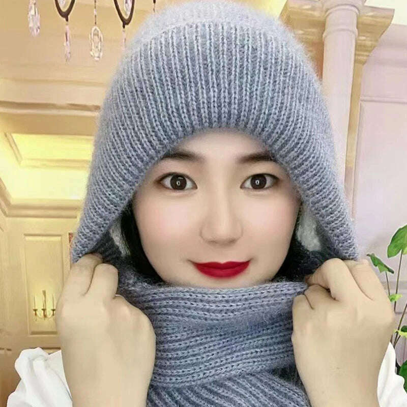 Integrated Ear Protection Windproof Cap Scarf Knitting Thick Warm Ear Guard Hat Winter Siamese Windproof Hat Scarf Set, KIMLUD Women's Clothes