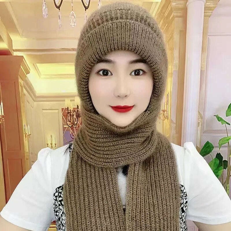 Integrated Ear Protection Windproof Cap Scarf Knitting Thick Warm Ear Guard Hat Winter Siamese Windproof Hat Scarf Set, brown, KIMLUD Women's Clothes