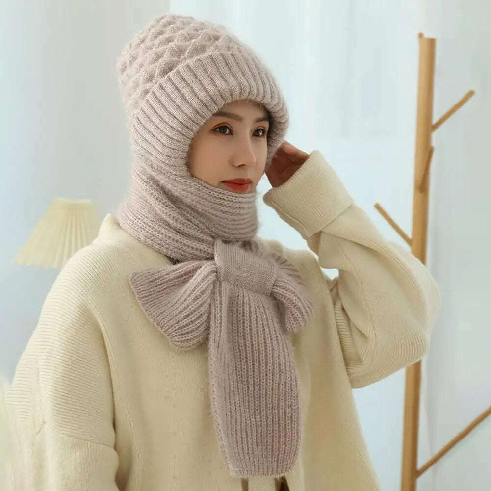 KIMLUD, Integrated Ear Protection Windproof Cap Scarf Knitting Thickening Hat Winter Windproof Wram Cap Scarf For Winter, KIMLUD Women's Clothes