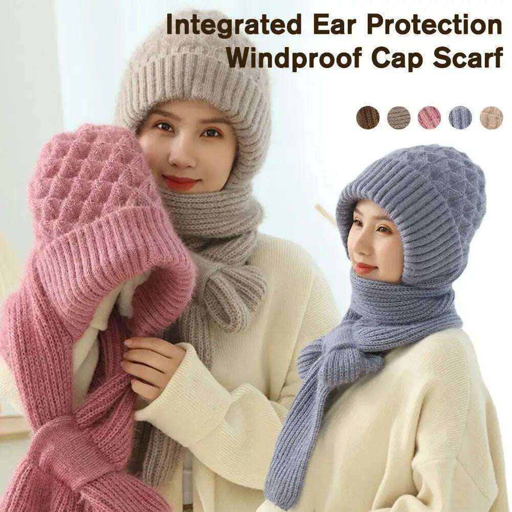 KIMLUD, Integrated Ear Protection Windproof Cap Scarf Knitting Thickening Hat Winter Windproof Wram Cap Scarf For Winter, KIMLUD Womens Clothes