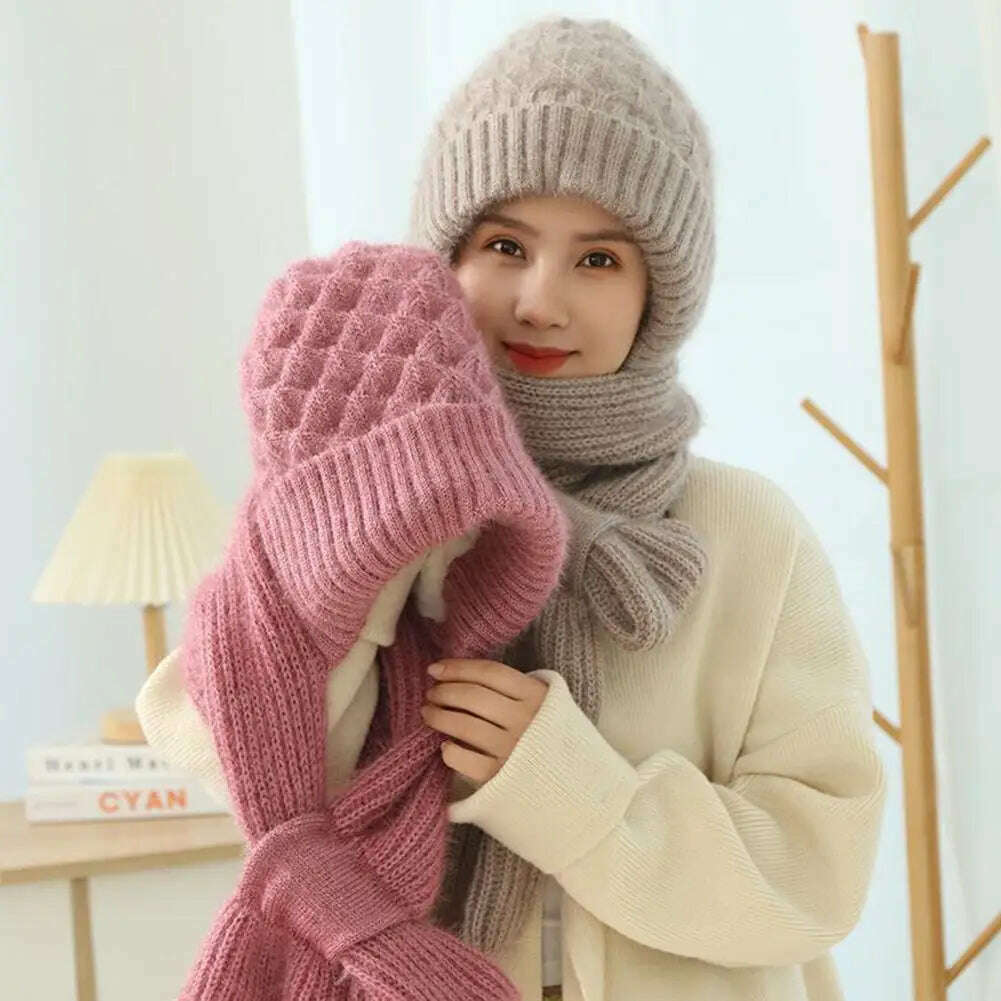 KIMLUD, Integrated Ear Protection Windproof Cap Scarf Knitting Thickening Hat Winter Windproof Wram Cap Scarf For Winter, KIMLUD Womens Clothes