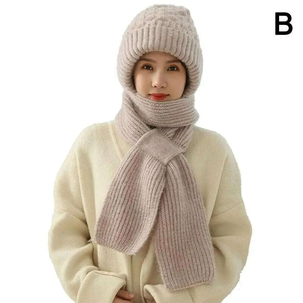 KIMLUD, Integrated Ear Protection Windproof Cap Scarf Knitting Thickening Hat Winter Windproof Wram Cap Scarf For Winter, B / China, KIMLUD Womens Clothes